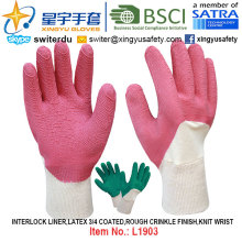 Interlock Liner, Latex 3/4 Coated Gloves (L1903) , Rough Crinkle Finish, Knit Wrist with CE, En388, En420, Work Gloves